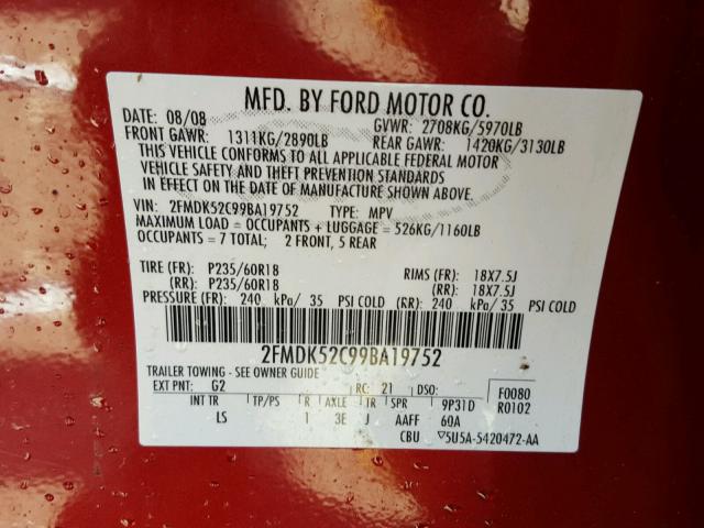 2FMDK52C99BA19752 - 2009 FORD FLEX SEL წითელი ფოტო 10