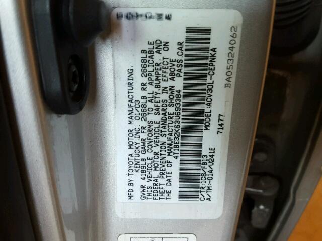 4T1BE32K63U693384 - 2003 TOYOTA CAMRY LE GRAY photo 10