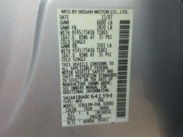 5N1AR18UX8C641394 - 2008 NISSAN PATHFINDER SILVER photo 10