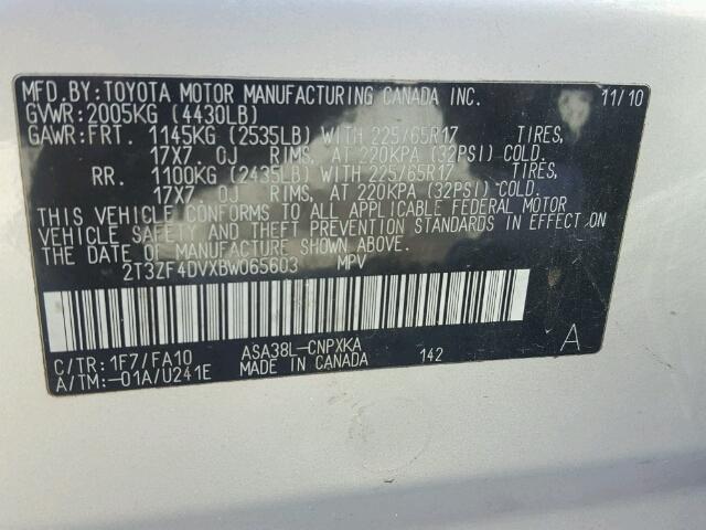 2T3ZF4DVXBW065603 - 2011 TOYOTA RAV4 SILVER photo 10