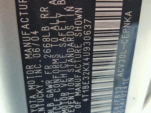 4T1BE32KX4U930637 - 2004 TOYOTA CAMRY LE SILVER photo 10