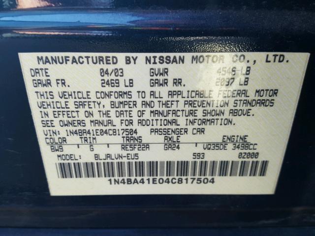 1N4BA41E04C817504 - 2004 NISSAN MAXIMA SE BLUE photo 10