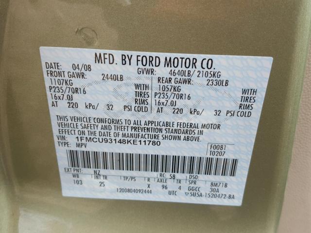 1FMCU93148KE11780 - 2008 FORD ESCAPE XLT GREEN photo 10