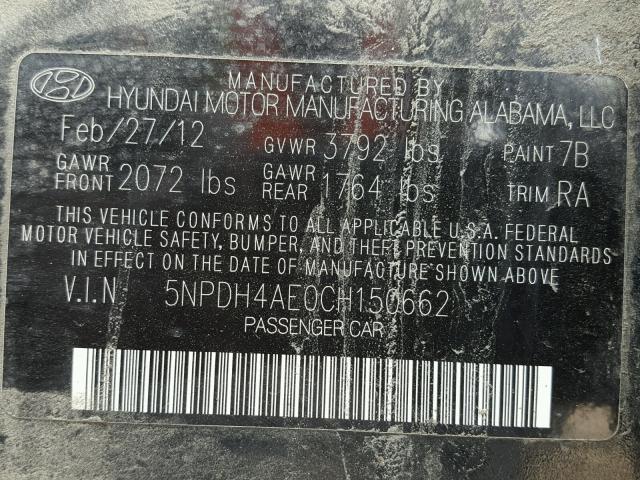 5NPDH4AE0CH150662 - 2012 HYUNDAI ELANTRA GL BLACK photo 10