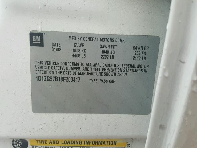 1G1ZG57B18F209417 - 2008 CHEVROLET MALIBU LS თეთრი ფოტო 10