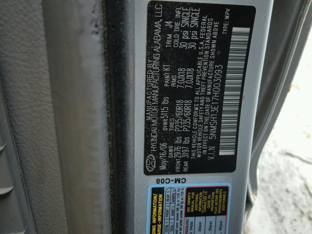 5NMSH13E17H003093 - 2007 HYUNDAI SANTA FE S SILVER photo 10