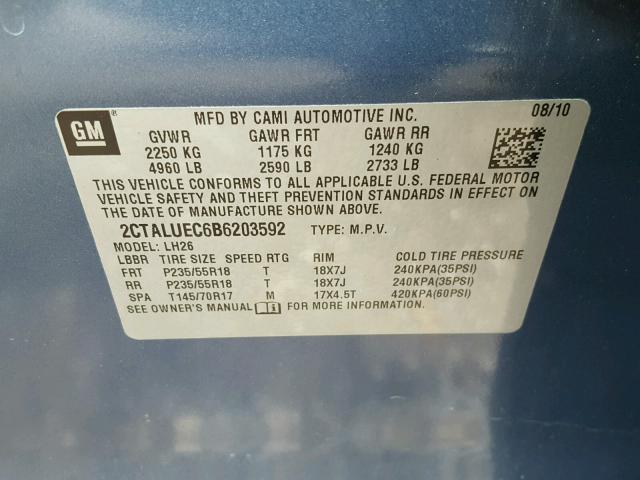 2CTALUEC6B6203592 - 2011 GMC TERRAIN SL BLUE photo 10