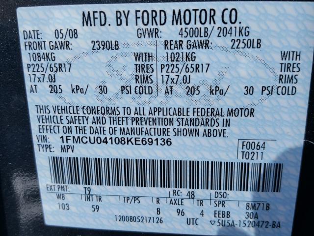 1FMCU04108KE69136 - 2008 FORD ESCAPE LIM GRAY photo 10