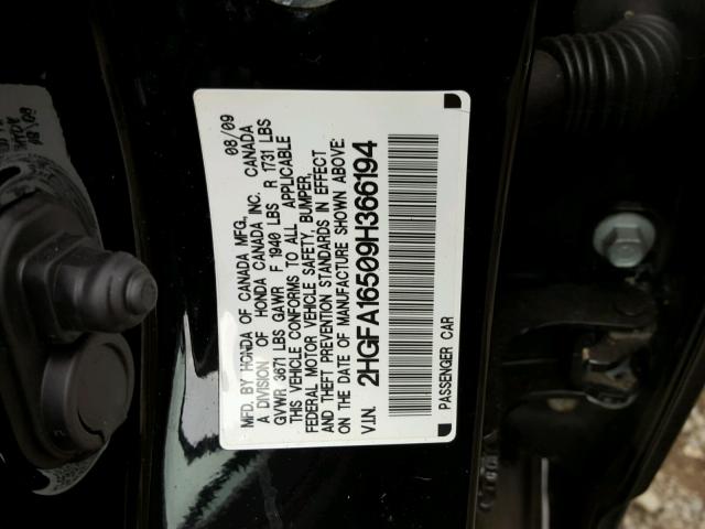 2HGFA16509H366194 - 2009 HONDA CIVIC LX BLACK photo 10