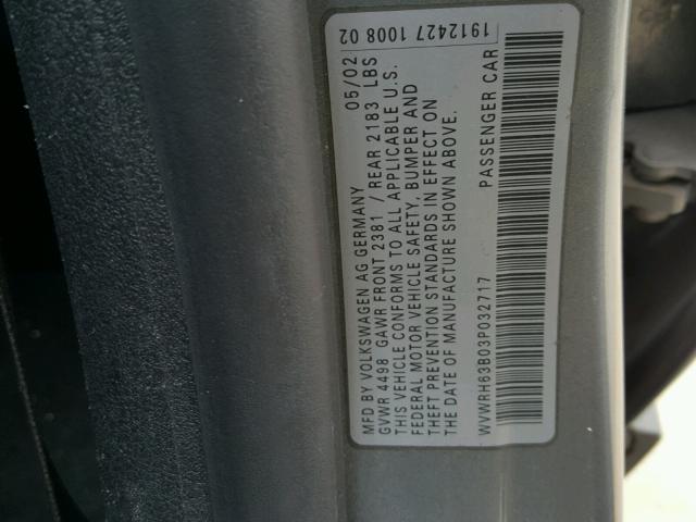 WVWRH63B03P032717 - 2003 VOLKSWAGEN PASSAT GLX SILVER photo 10