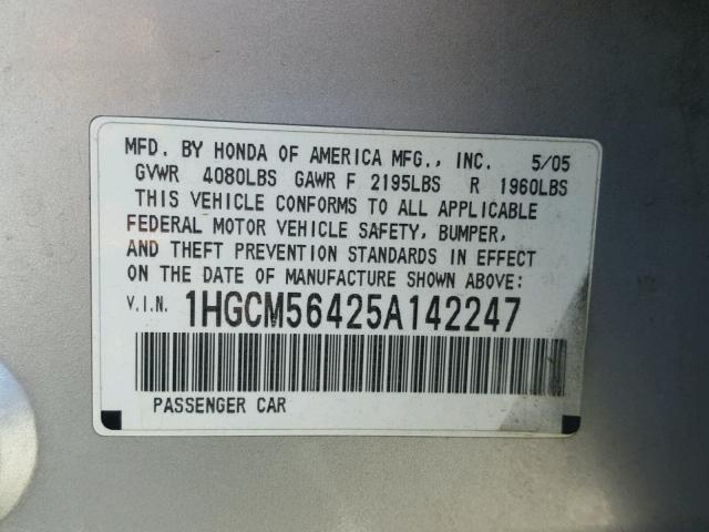 1HGCM56425A142247 - 2005 HONDA ACCORD LX SILVER photo 10