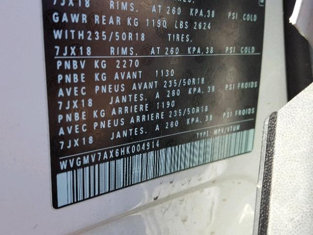 WVGMV7AX6HK004914 - 2017 VOLKSWAGEN TIGUAN COM 白色 照片 10