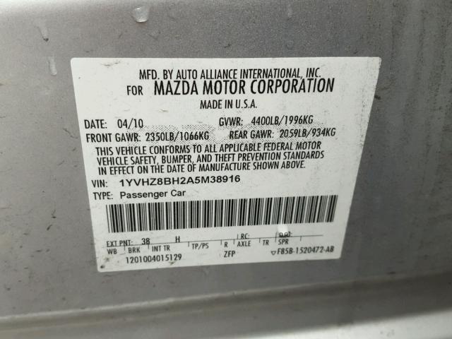 1YVHZ8BH2A5M38916 - 2010 MAZDA 6 I SILVER photo 10