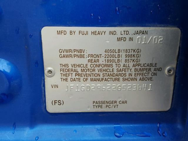 JF1GD29622G523641 - 2002 SUBARU IMPREZA WR BLUE photo 10