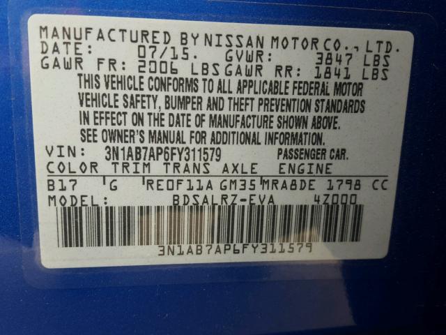 3N1AB7AP6FY311579 - 2015 NISSAN SENTRA S BLUE photo 10