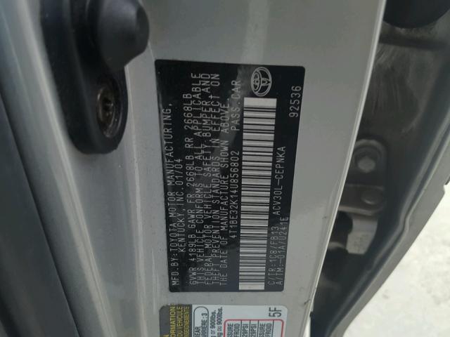 4T1BE32K14U856802 - 2004 TOYOTA CAMRY LE ვერცხლისფერი ფოტო 10
