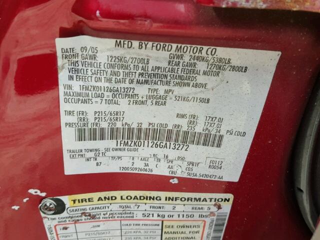 1FMZK01126GA13272 - 2006 FORD FREESTYLE RED photo 10