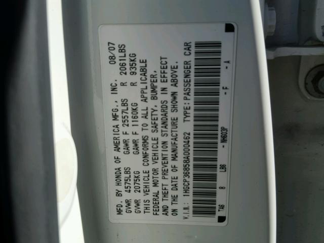 1HGCP36858A000462 - 2008 HONDA ACCORD EXL WHITE photo 10