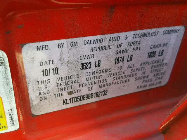 KL1TD5DE9BB162132 - 2011 CHEVROLET AVEO LS RED photo 10