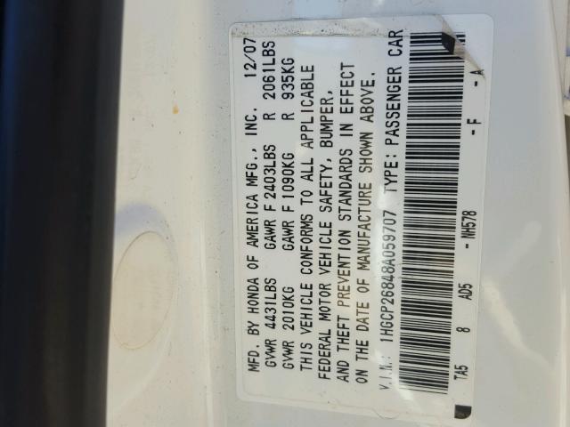 1HGCP26848A059707 - 2008 HONDA ACCORD EXL WHITE photo 10