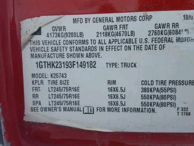 1GTHK23193F149182 - 2003 GMC SIERRA K25 RED photo 10