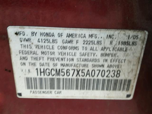 1HGCM567X5A070238 - 2005 HONDA ACCORD EX MAROON photo 10