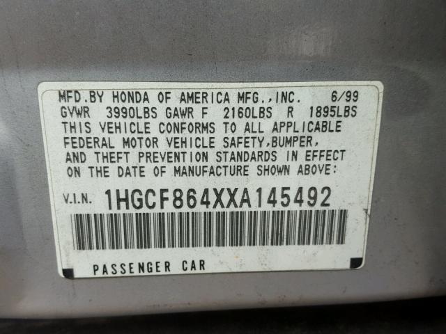 1HGCF864XXA145492 - 1999 HONDA ACCORD SILVER photo 10