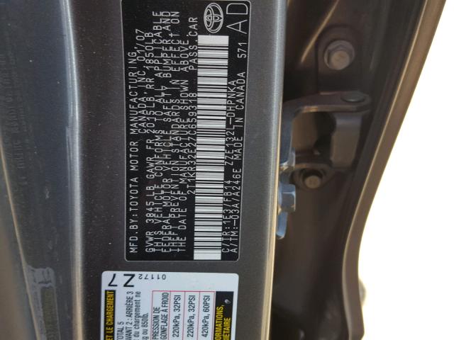 2T1KR32E27C659318 - 2007 TOYOTA COROLLA MA GRAY photo 10