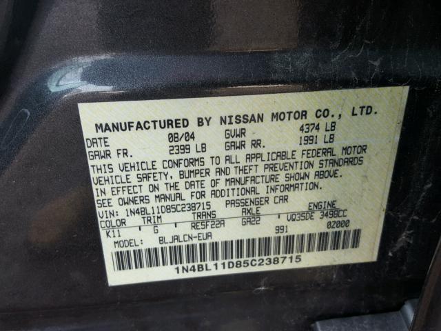 1N4BL11D85C238715 - 2005 NISSAN ALTIMA SE GRAY photo 10