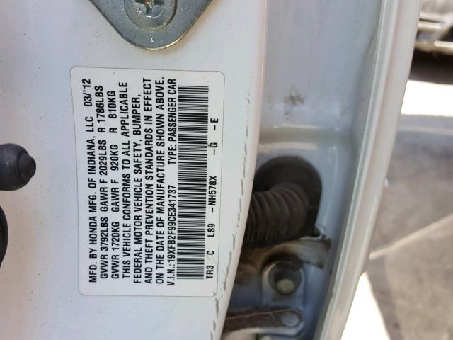 19XFB2F99CE341737 - 2012 HONDA CIVIC EXL WHITE photo 10