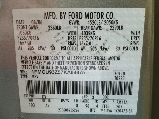 1FMCU93Z57KA84875 - 2007 FORD ESCAPE XLT GREEN photo 10