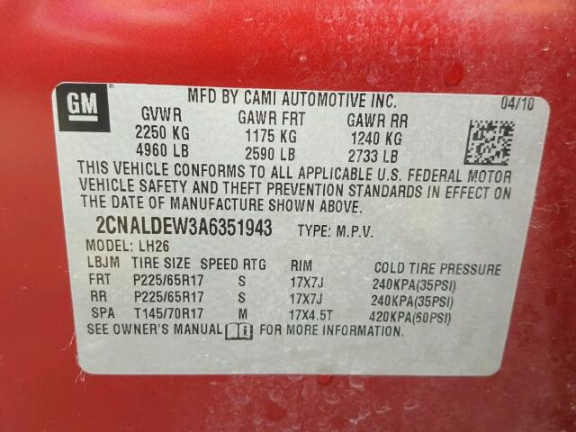 2CNALDEW3A6351943 - 2010 CHEVROLET EQUINOX LT RED photo 10