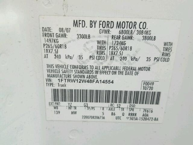 1FTRW12W48FA14554 - 2008 FORD F150 WHITE photo 10