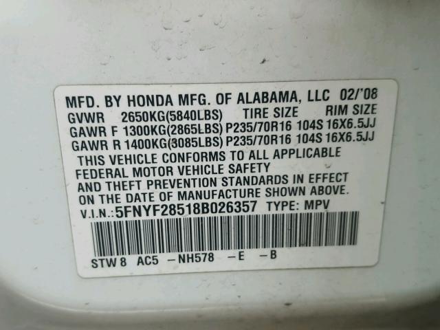 5FNYF28518B026357 - 2008 HONDA PILOT EXL WHITE photo 10