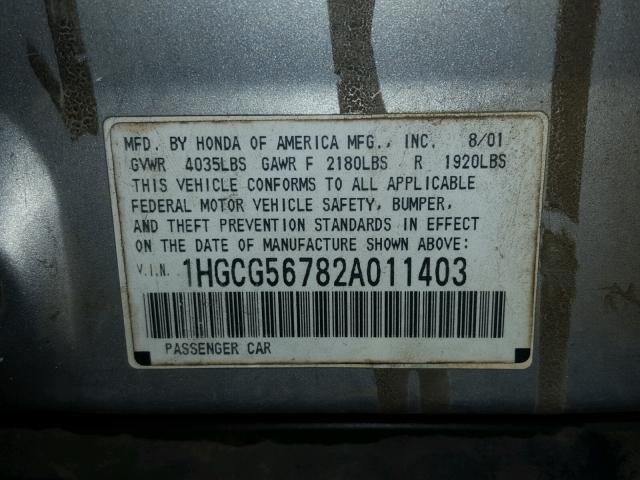 1HGCG56782A011403 - 2002 HONDA ACCORD SILVER photo 10