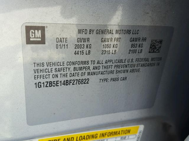 1G1ZB5E14BF276822 - 2011 CHEVROLET MALIBU LS SILVER photo 10