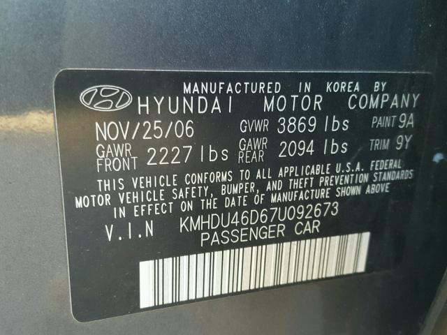 KMHDU46D67U092673 - 2007 HYUNDAI ELANTRA GL GRAY photo 10