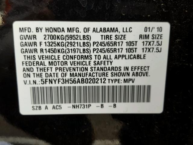 5FNYF3H56AB020212 - 2010 HONDA PILOT EXL BLACK photo 10