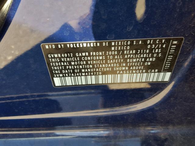 3VW1K7AJ4EM424720 - 2014 VOLKSWAGEN JETTA BASE BLUE photo 10