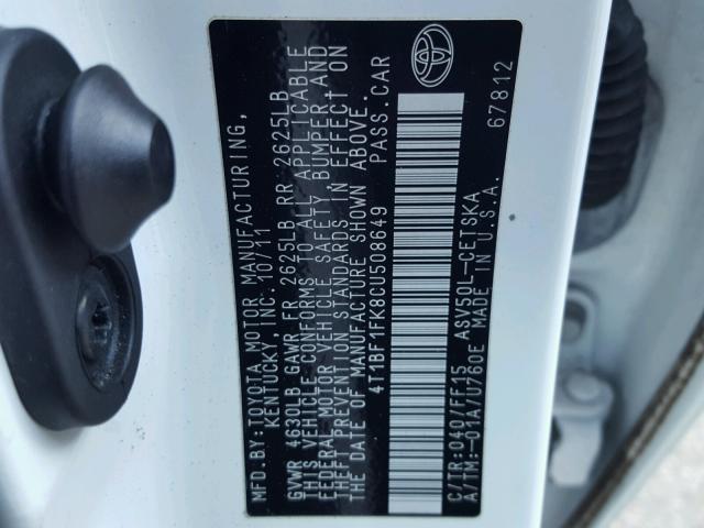 4T1BF1FK8CU508649 - 2012 TOYOTA CAMRY WHITE photo 10