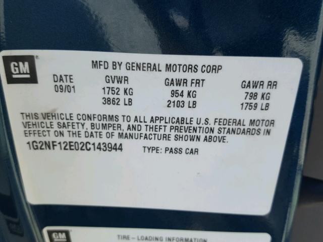 1G2NF12E02C143944 - 2002 PONTIAC GRAND AM S Mavi foto 10