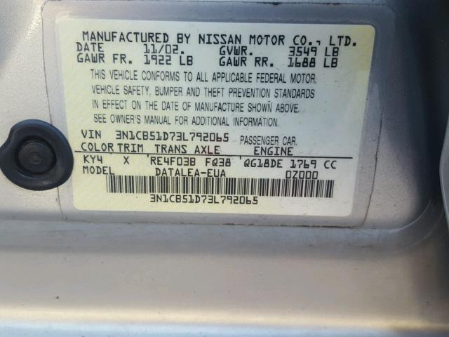 3N1CB51D73L792065 - 2003 NISSAN SENTRA SILVER photo 10