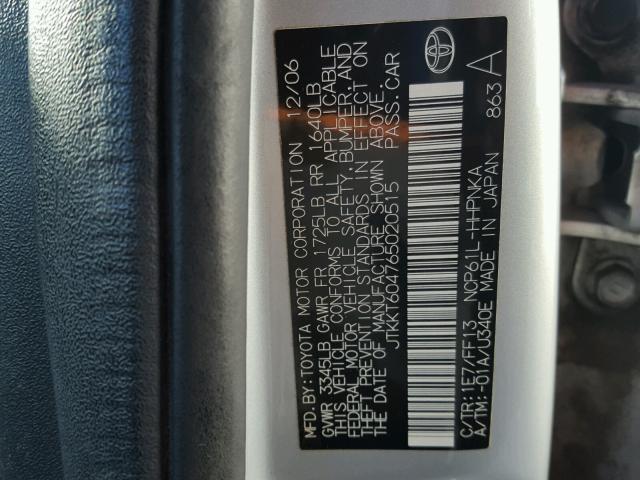 JTKKT604765020515 - 2006 TOYOTA SCION XA SILVER photo 10