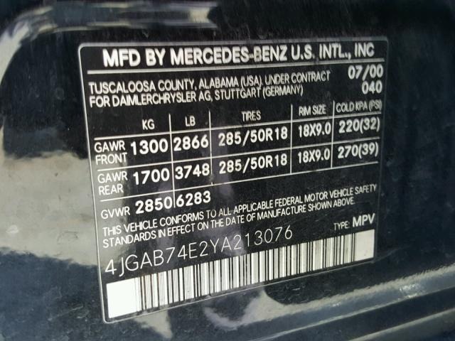 4JGAB74E2YA213076 - 2000 MERCEDES-BENZ ML 55 BLACK photo 10