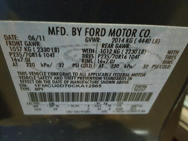 1FMCU0D70CKA12565 - 2012 FORD ESCAPE XLT SILVER photo 10