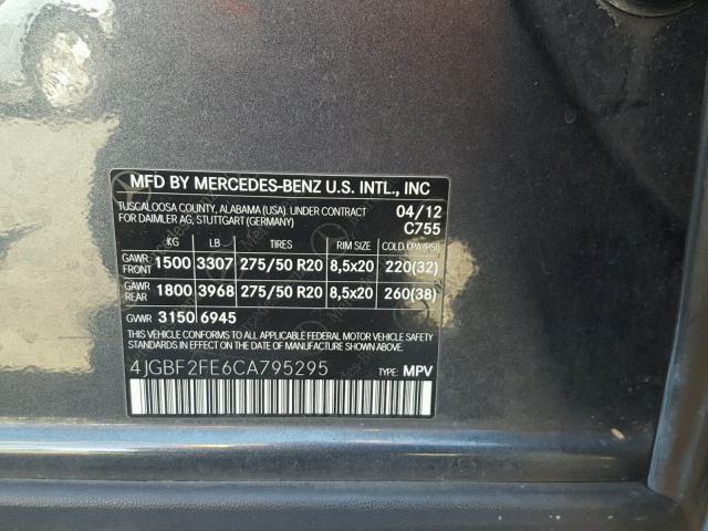 4JGBF2FE6CA795295 - 2012 MERCEDES-BENZ GL 350 BLU CHARCOAL photo 10