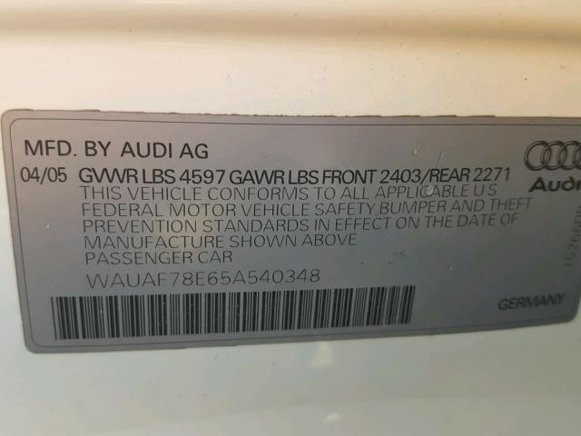 WAUAF78E65A540348 - 2005 AUDI A4 2.0T WHITE photo 10