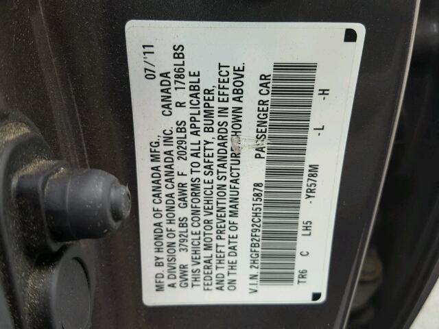 2HGFB2F92CH515878 - 2012 HONDA CIVIC EXL GRAY photo 10