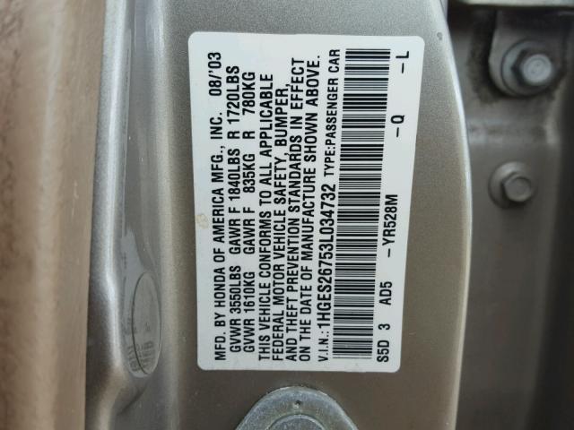 1HGES26753L034732 - 2003 HONDA CIVIC TAN photo 10