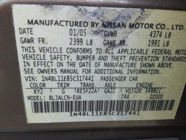 1N4BL11E85C317441 - 2005 NISSAN ALTIMA SE SILVER photo 10